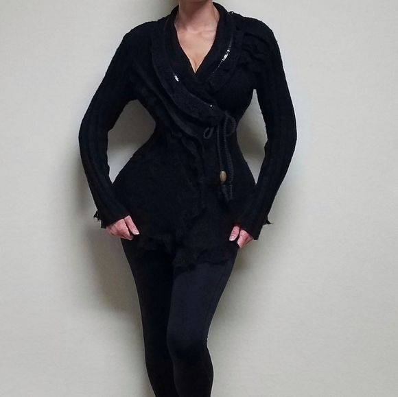 FORLA Paris Boho Goth Black Eyelet Lace Sequin Asymmetrical Tie-Waist Cardigan - Picture 2 of 16